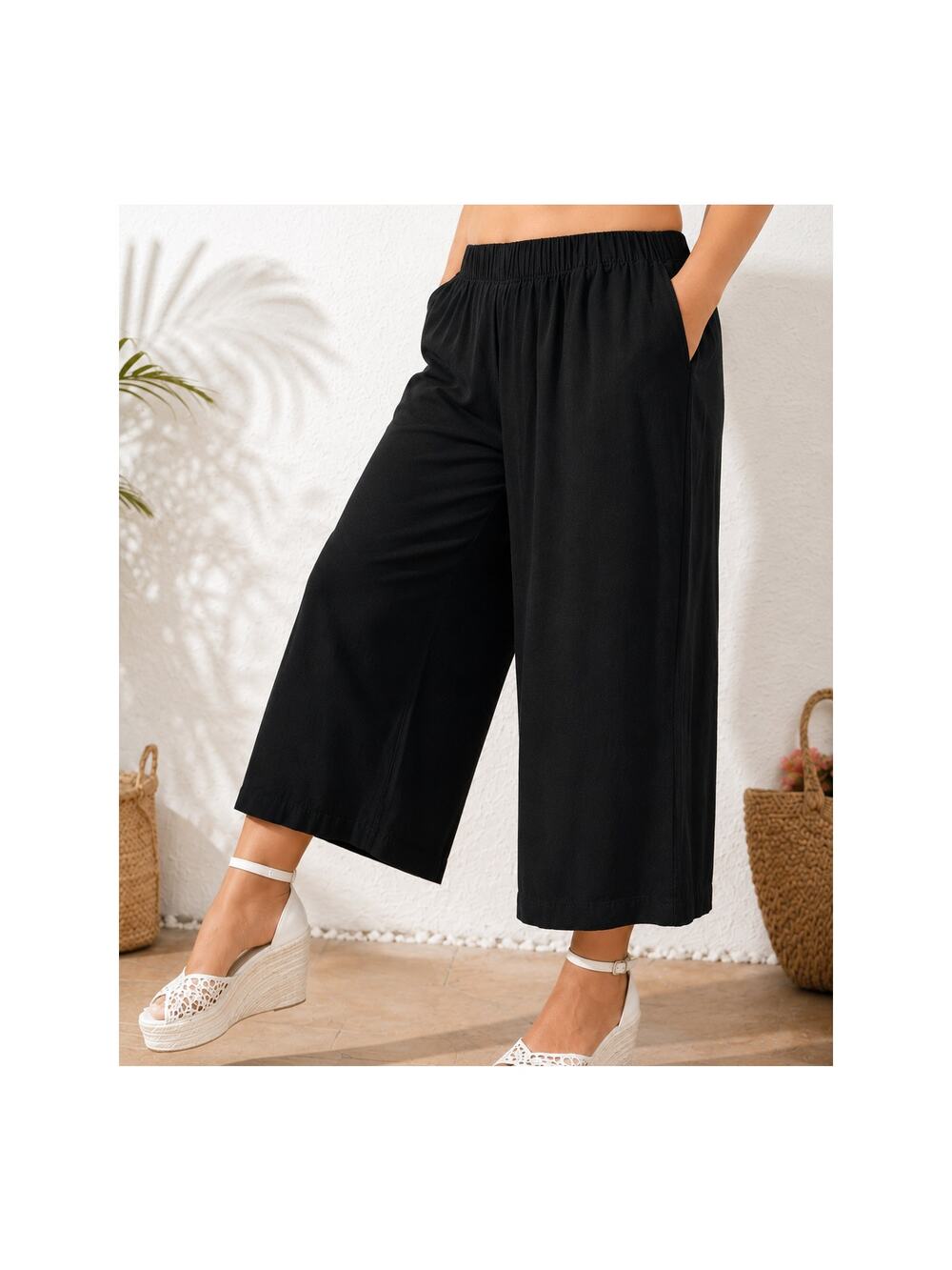 Croft & Barrow 2X Plus Black Linen Blend Wide Leg Capri Pants Pockets EUC